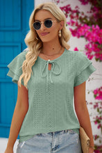 Load image into Gallery viewer, The Simple Touches Eyelet Tie-Neck Flutter Sleeve Blouse (multiple color options)
