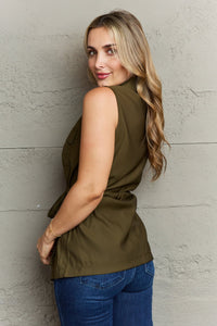 Follow The Light Sleeveless Collared Button Down Top in Army Green