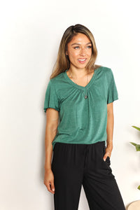 Casual Outing Ruched V-Neck Short Sleeve T-Shirt (2 color options)