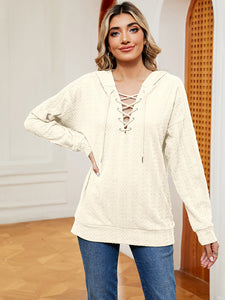 Everyday Ease Lace-Up Long Sleeve Hoodie (multiple color options)