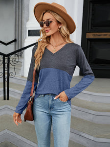 Easy Street V-Neck Long Sleeve Two-Tone Top