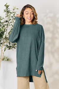 Comfort On Her Mind Ribbed Round Neck Long Sleeve Slit Top  (multiple color options)