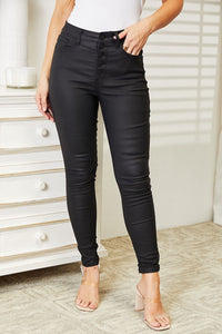 Wrenley High Rise Black Coated Ankle Skinny Jeans by Kancan