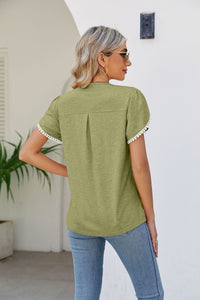 Enjoy The Little Things Pom-Pom Trim Petal Sleeve Notched Neck Top (multiple color options)
