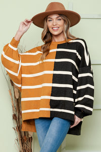 Caramel Comfort Striped Dropped Shoulder Round Neck Top