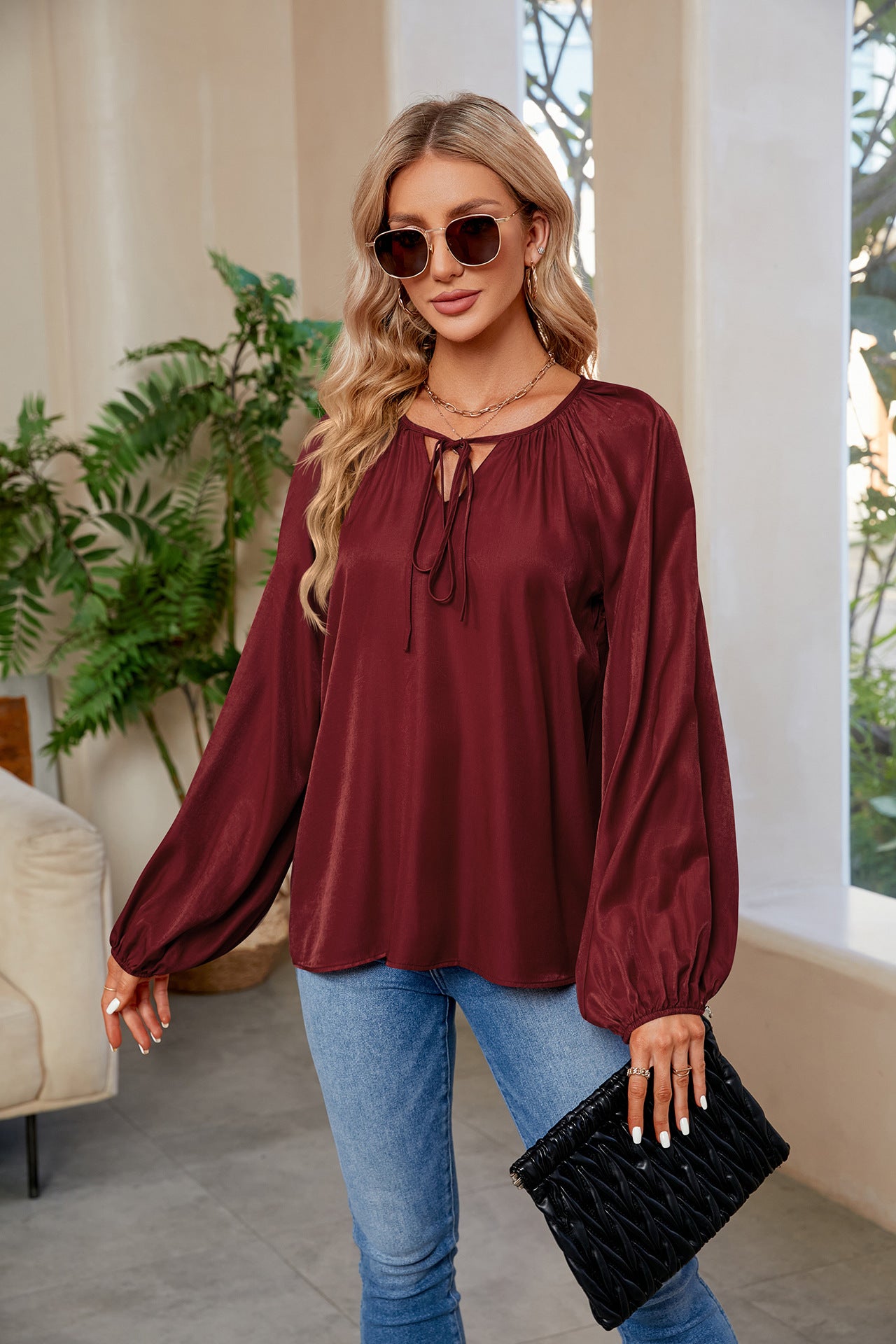 Fall Fusion Tie Neck Balloon Sleeve Blouse