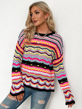Load image into Gallery viewer, Whimsical Rainbow Whispers Stripe Openwork Flare Sleeve Knit Sweater Top (multiple color options)
