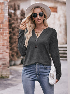 Harvest Hues Buttoned Notched Neck Long Sleeve Top