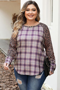 Playful Plaid Leopard Raglan Sleeve Plaid Top