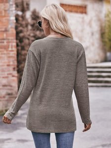 Harvest Hues Buttoned Notched Neck Long Sleeve Top