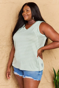 Talk To Me Striped Sleeveless V-Neck Top in Green