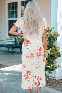 Kiss From a Rose Floral Side Slit Cuffed Sleeve Midi Dress