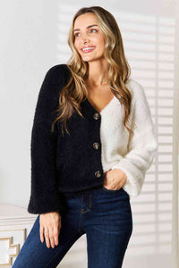 Twin Flames Contrast Button-Front V-Neck Cardigan