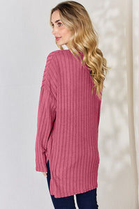 Everyday Basic Ribbed Half Button Long Sleeve High-Low Top (multiple color options)