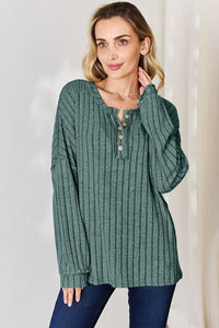 Everyday Basic Ribbed Half Button Long Sleeve T-Shirt (multiple color options)
