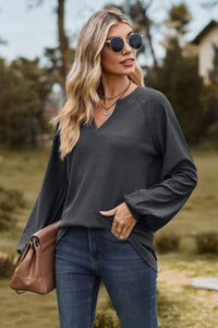 Always On Time Notched Neck Raglan Sleeve Blouse