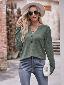 Harvest Hues Buttoned Notched Neck Long Sleeve Top