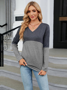 Easy Street V-Neck Long Sleeve Two-Tone Top