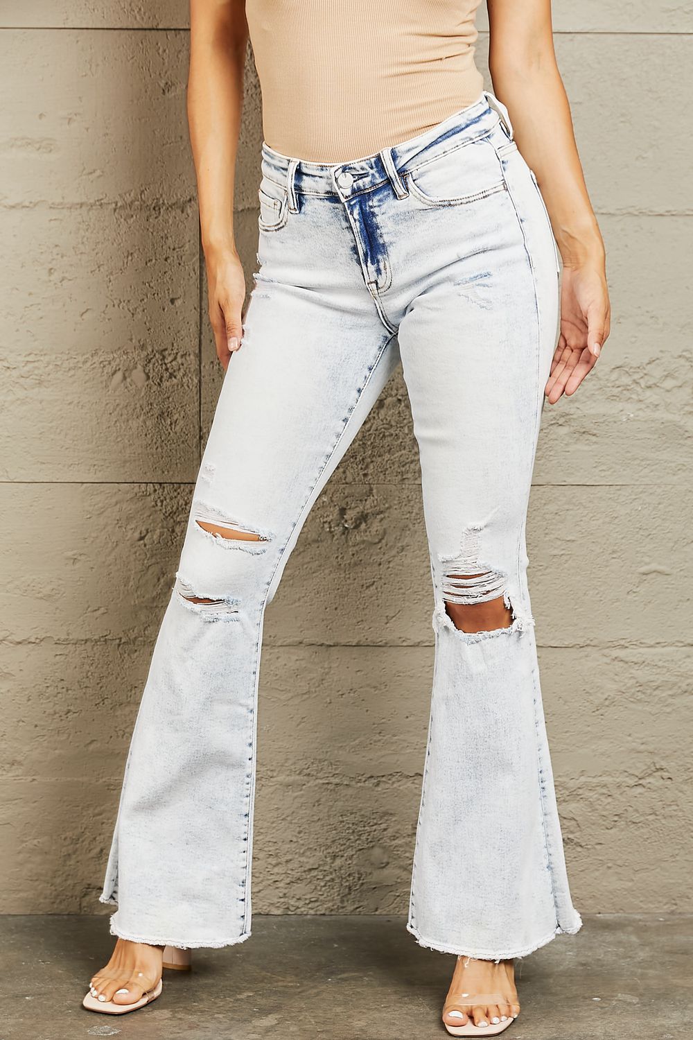 Katie Mid Rise Acid Wash Distressed Jeans by Bayeas