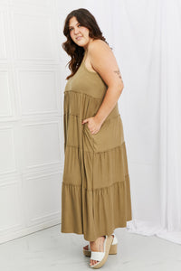 Casually Courting Spaghetti Strap Tiered Dress with Pockets in Khaki
