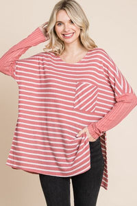 Sweet in Stripes Round Neck Long Sleeve Slit Top