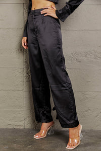 Noir Sophistication Long Sleeve Cropped Blouse and Tie Detail Long Pants Set