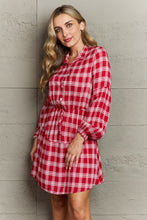 Load image into Gallery viewer, Check Mate Plaid Band Collar Drawstring Shirt Dress (2 color options)
