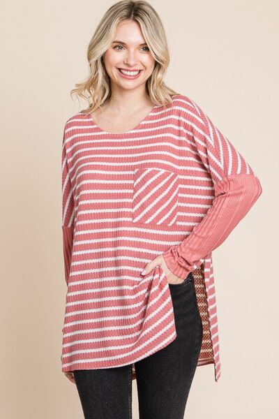 Sweet in Stripes Round Neck Long Sleeve Slit Top