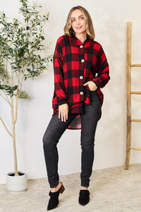 Cozy Christmas Cottage Plaid Button Front Hooded Shirt