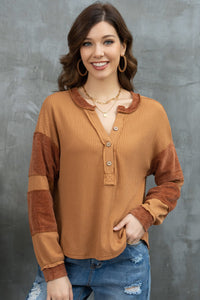 Maple Magic Notched Neck Waffle-Knit Blouse