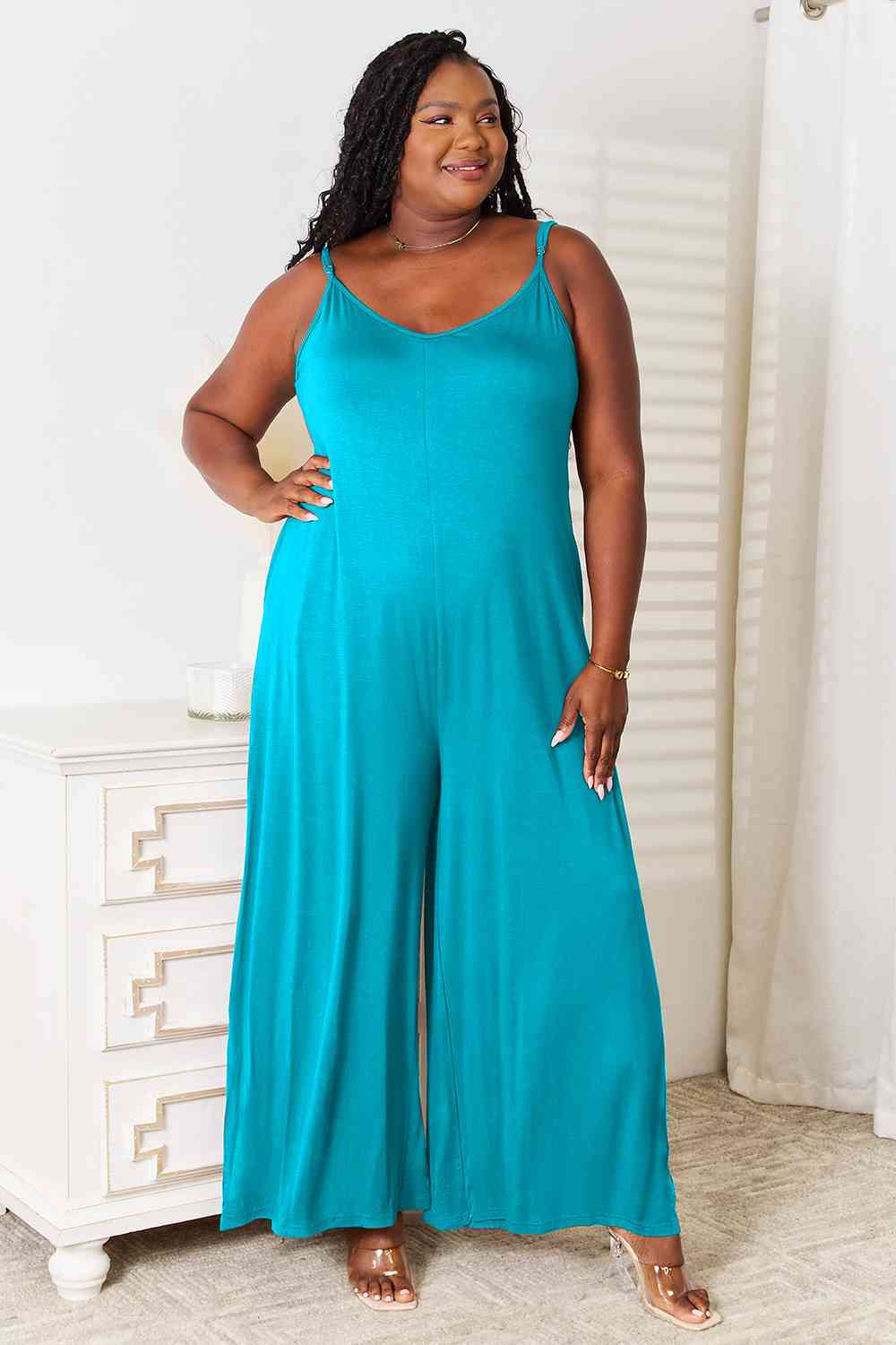 All Figured Out Soft Rayon Spaghetti Strap Tied Wide Leg Jumpsuit (2 color options)