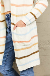 Fall is Coming Striped Rib-Knit Open Front Pocketed Cardigan