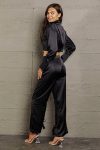 Noir Sophistication Long Sleeve Cropped Blouse and Tie Detail Long Pants Set