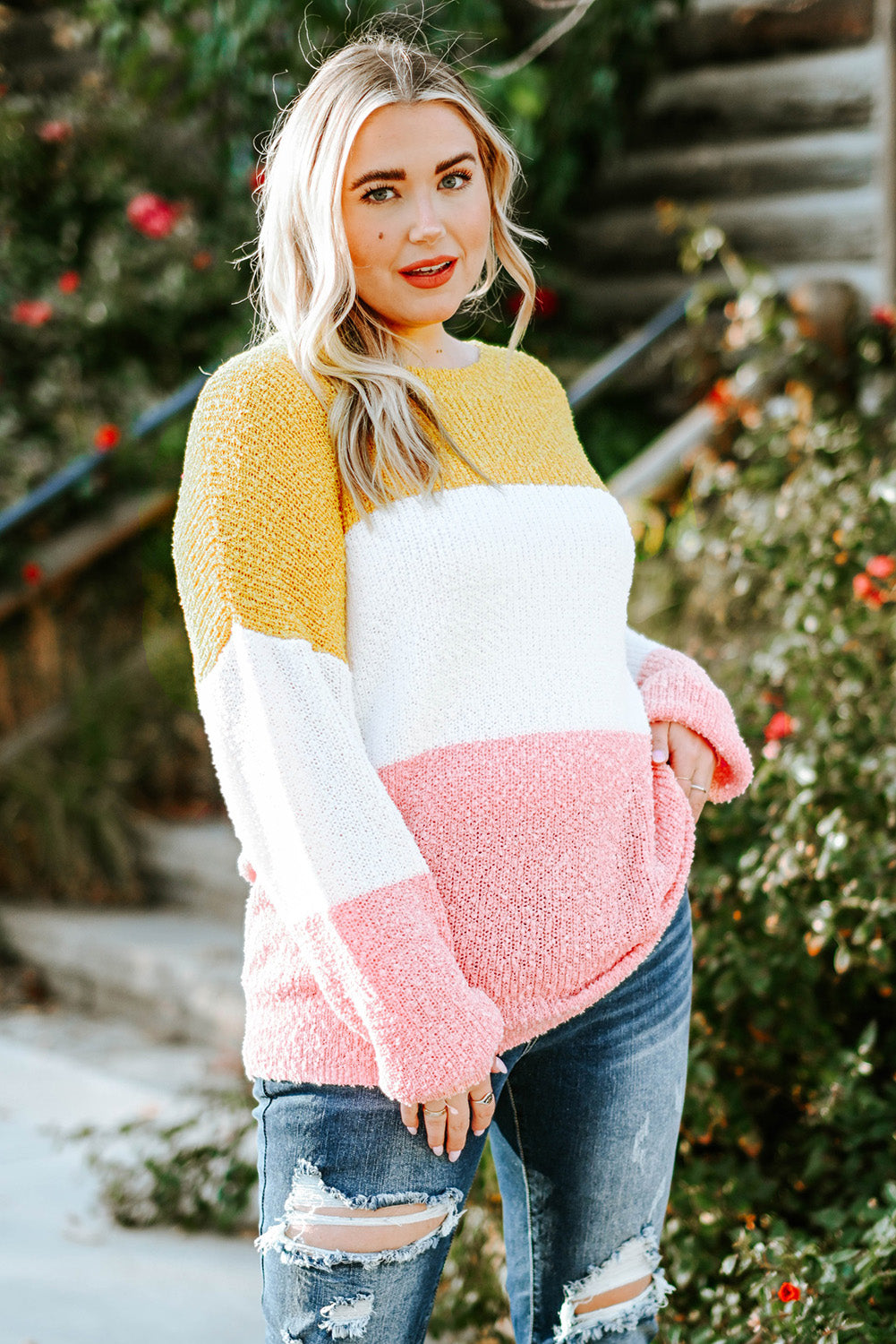 Whimsical Woodland Color Block Round Neck Sweater