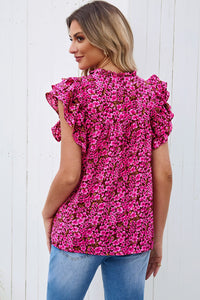 Scarlet Petals Floral Flutter Sleeve Notched Neck Blouse (multiple color options)