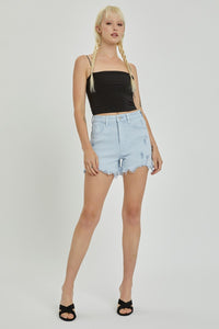 High Rise Distressed Detail Denim Shorts by Risen