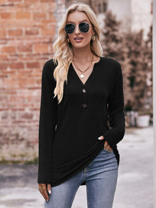 Harvest Hues Buttoned Notched Neck Long Sleeve Top