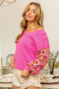 Bound To Be Beautiful V-Neck Crochet Long Sleeve Sweater