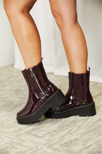 Stepping Up Side Zip Platform Boots in Wine Patent Leather