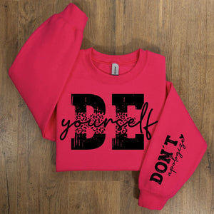 "Be Yourself" Leopard Print with Sleeve Accent Print Sweatshirt