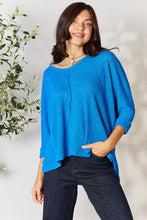Load image into Gallery viewer, Striking Up a Convo Round Neck High-Low Slit Knit Top in Ocean Blue
