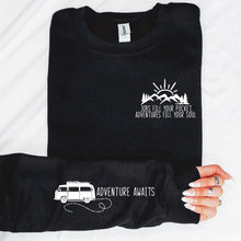 Load image into Gallery viewer, &quot;Adventure Awaits&quot; with Sleeve Accent Print Sweatshirt
