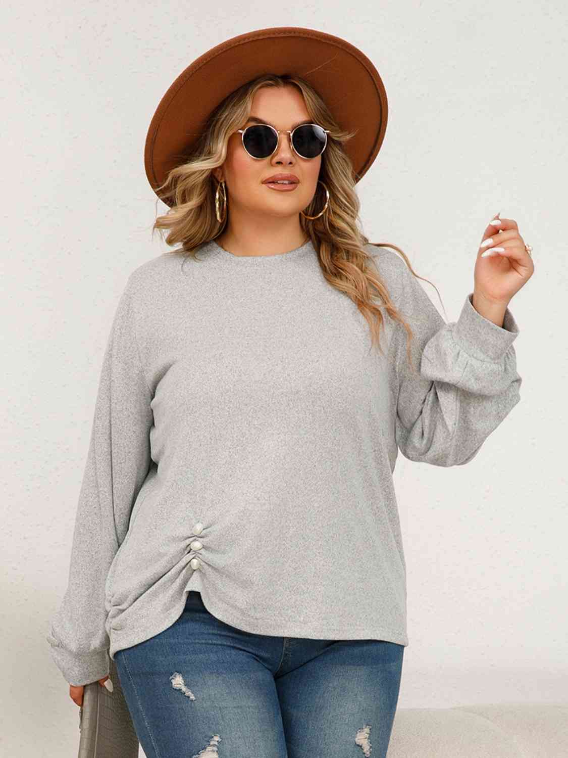 Sweet Impressions Round Neck Ruched Long Sleeve Top