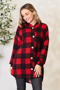 Cozy Christmas Cottage Plaid Button Front Hooded Shirt