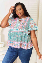 Load image into Gallery viewer, Boho Bliss Floral Tie Neck Short Sleeve Blouse
