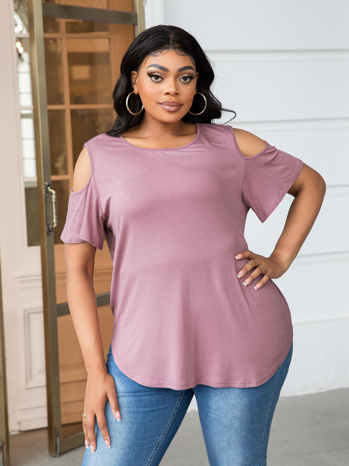 With All My Love Cold-Shoulder Round Neck Curved Hem Tee (multiple color/print options)