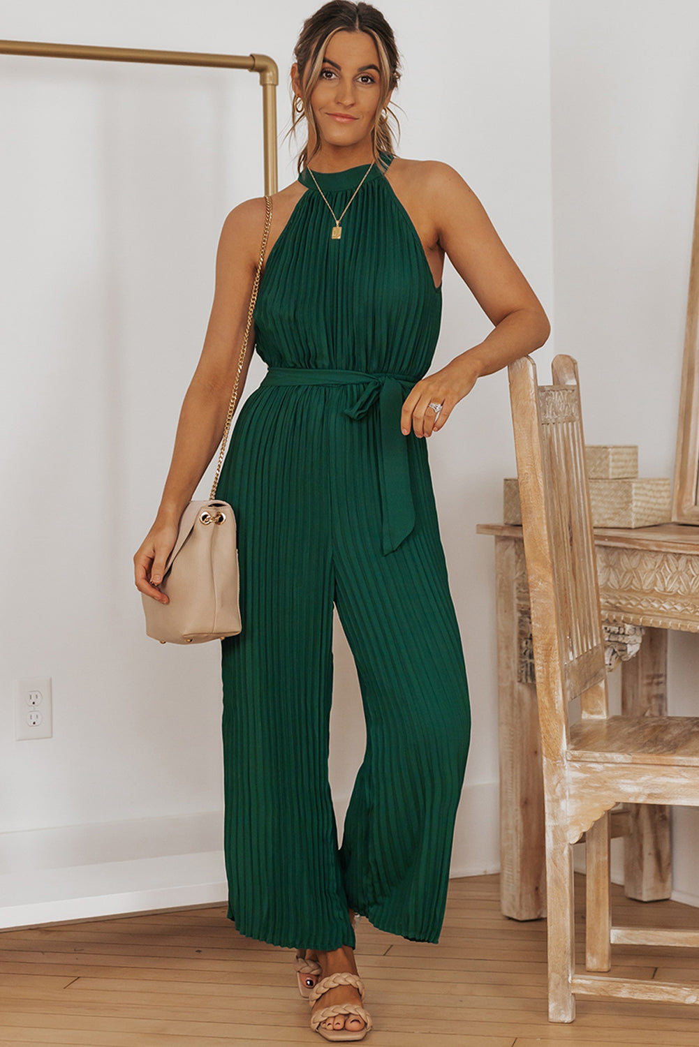 Pretty & Posh Accordion Pleated Belted Grecian Neck Jumpsuit (multiple color options)