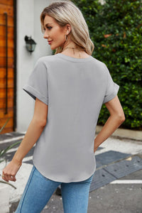 Keeping It Sweet Notched Neck Cuffed Sleeve Shirt (multiple color options)