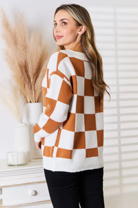 Her Checkered Past Button-Up V-Neck Dropped Shoulder Cardigan