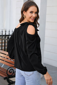 Catch a Chill Tied Asymmetrical Neck Cold-Shoulder Blouse